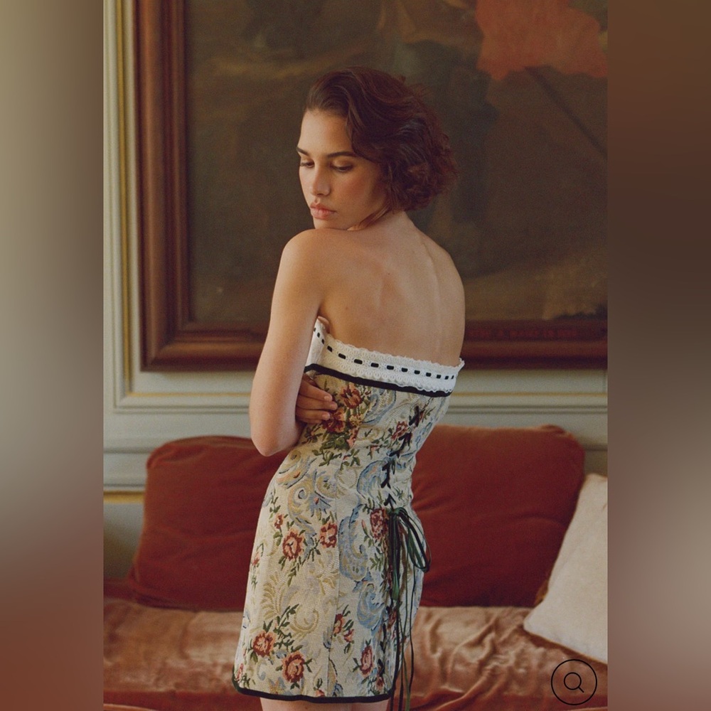 With Jean Strapless Floral Brocade Dress with Green Trim